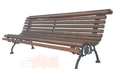 Banco con respaldo, las patas y la estructura que soporta el respaldo son de fundición de hierro ductil (grafito esferoidal).  El respaldo y el asiento son de madera de pino o tropical. No dispone de apoyabrazos.
Se utiliza como asiento.
El armazón es de metal y el respaldo y asiento de madera.