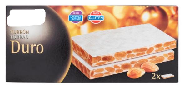 Preparación alimenticia azucarada sólida en forma de tableta de turrón de almendra que contiene almendras tostadas, miel, oblea y otros componentes.
Se usa para la alimentación humana.
El turrón se presenta en un estuche con dos tabletas envueltas individualmente.