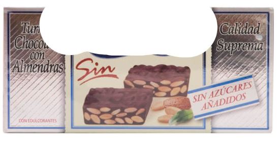 Preparación alimenticia en forma de tableta de turrón de chocolate con almendras, sin azucares añadidos.
Se usa para la alimentación humana.
Se presenta en tabletas de 200 gramos