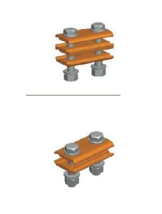 Se clasifican dos juegos o surtidos distintos para conductores de líneas eléctricas y telecomunicación, compuestos por placas de latón utilizadas a modo de grapa, preformadas y estructuradas para dar cabida en su cara cóncava a los cables que grapan, quedando éstos sujetos por tornillería de acero inoxidable.
Grapa de tierra para 4xCu 50/150 mm2

Lista de materiales: 
Tornillo M12X85 (cantidad: 2)
Grapa de tierra 2xCu 50/150 mm2 (8/15 mm) (cantidad: 2)
Cuerpo central de grapa de tierra 4xCu 50/150 mm2 (8/15) (cantidad: 1)
Arandela plana M12 (cantidad: 4)
Arandela grower M12 (cantidad: 2)
Tuerca M12 (cantidad: 2)
Gama: 50/150 m2 
Espesor máximo montaje (h): 20 mm 
Medidas grapas de tierra: 46 mm de ancho x 80 mm de largo 
Materiales:
	Tornillería: Acero inoxidable A2-70 
	Otros: Latón CuZn40Pb2			
Peso: 0.716 kg
Grapa de tierra para 2xCu 50/150 mm2

Este segundo juego, aparte de carecer del elemento Cuerpo central de grapa de tierra 4xCu 50/150 mm2 (8/15) (cantidad: 1) descrito en el primer juego, presenta como única diferencia con éste la de tener un peso de 0.515 kg
Los productos descritos se utilizan para los conductores de líneas eléctricas y telecomunicación.