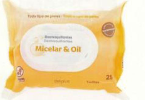 Toallitas de tela sin tejer (50% viscosa y 50% poliéster). Están impregnadas, entre otros ingredientes, de productos tensoactivos anfotéricos.
Medidas toallita: 180 x 200mm.
Se utilizan para para limpiar el maquillaje en la cara y en el contorno de los ojos.
Se presentan en envases de 25 unidades para la venta al por menor.