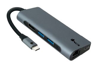 Adaptador multipuerto USB-C, que presenta las características principales siguientes: 

	Dimensiones del producto (Ancho x Alto x Fondo): 105 mm x 16 mm x 41 mm

Entrada: USB-C 5V/0,9A, 5Gbps, 3840 x 2160 Píxeles 
Salida: 
2 x puertos USB 3.0: 5V/0,9A
	Puerto USB-C con carga PD 60W
	Puerto HDMI 3840 x 2160 Píxeles. 4K 30 Hz
	Puerto LAN (RJ45): 1 Bbps 
	Ranura para tarjeta TF: 480 Mbbs 
	Ranura para tarjeta SD: 480 Mbps
El producto se utiliza como periférico de ordenadores.
Aluminio