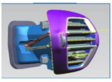 Rejilla de ventilación de salida de aire central, de lamas móviles, para tablero delantero de un vehículo automóvil de turismo, de plástico.
Forma parte del panel de instrumentos del vehículo y es necesario para la circulación de aire en el coche. Está diseñada para su montaje en el vehículo Citroën C41.
Dispone de un mecanismo con rueda de apertura y cierre de las lamas. Es de color gris con partes cromadas.
Está destinada a la industria del montaje.