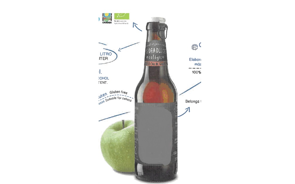 Sidra ecológica tradicional elaborada con manzanas 100% gallegas y
conforme a las prácticas de Agricultura Ecológica y Galicia Calidade. Color amarillo dorado, brillante, con fina burbuja y un aroma limpio y equilibrado, con notas frutales y sensación de acidez. Grado alcohólico: 4,1% volumen. Se presenta en botellas de vidrio de 20 y 33cl y en latas de 33cl.
Apto para el consumo humano.
Sidra ecológica, azúcar ecológico, gasificante, dióxido de carbono y conservante metabisulfito potásico.
Mezcla de variedades de manzanas gallegas. Libre de levaduras, mohos y bacterias aerobias. No contiene patulina. Sin gluten. Contiene sulfitos.