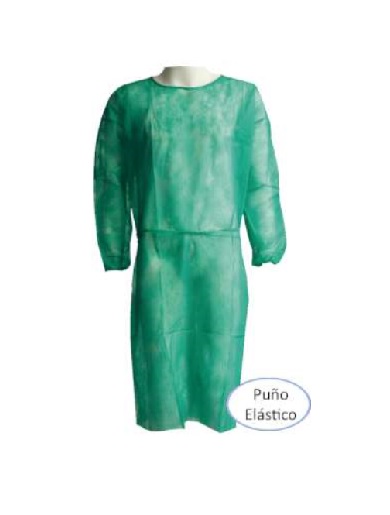 Bata de un solo uso, color verde, confeccionada con tela sin tejer de fibras sintéticas (Polipropileno (PP) de 25 g/m2, cerrada a la espalda mediante cintas, cuello redondo y manga larga con puños con elásticos, medida estándar (115 x 135 mm).
Bata de protección para uso general, indicada especialmente para el uso en el sector sanitario, medico hospitalario, socio sanitario, dental, equipamiento de laboratorio, químico, veterinario y estética.
Está hecha de fibras sintéticas (polipropileno (PP) de 25 g/m2).
Se presenta para su venta al público en cajas de 100 unidades, cada caja contiene 10 bolsas con 10 unidades cada una.