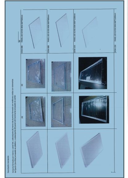 Aparato eléctrico de alumbrado (plafón-luminaria) formado por un marco con difusor y un
panel led.
El marco es de aluminio y está compuesto por unas molduras de aluminio unidas con
elementos de fijación (tornillos). Tienen forma cuadrada o rectangular, 59,5 x 59,5; 59,5 x
119,5 y 29,5 x 129,5 cm. Dispone de un difusor de plástico.
El panel LED incorpora 48, 96, 180, 240 ó 280 diodos, según modelo. Dispone de conversor
AC/CC y uno o dos conectores.
Se utiliza como luminaria en locales comerciales y oficinas. Se instala en el techo con
tornillos o garras.
Potencia eléctrica: 40, 50 y 80 w.
Se presenta envasado en un conjunto formado por dos subconjuntos. Uno de ellos incluye el
marco y el otro el panel LED.