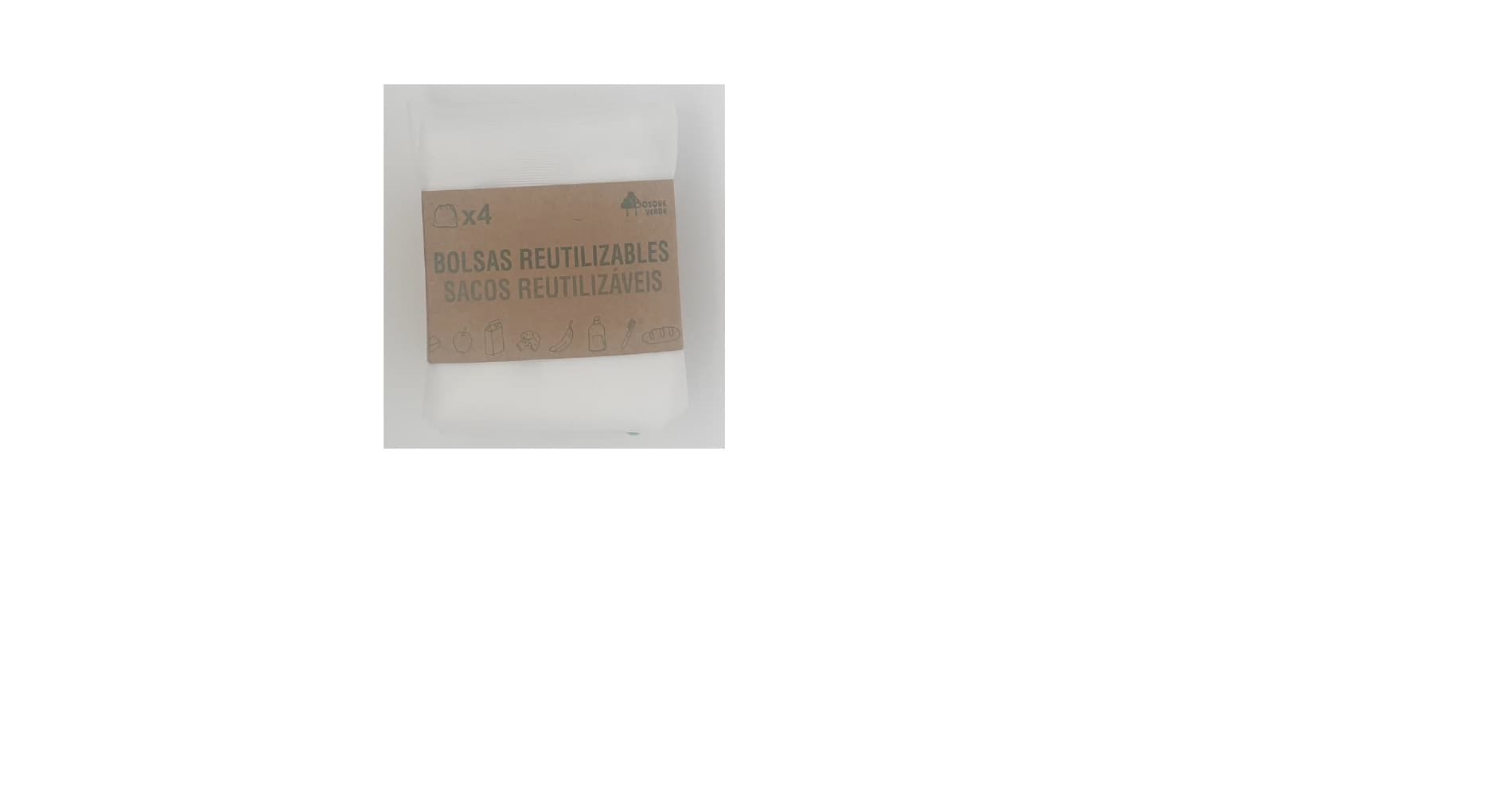 Bolsa de materia textil, confeccionada con tejido de punto, de forma rectangular con unas medidas aproximadas de 30 cm x 35 cm y un gramaje de 28g /m2. El sistema de cierre es por medio de un cordel de polipropileno. 
El producto es una bolsa de tejido tipo malla o red, siendo su material 100% poliéster. Se destina como bolsa/malla para realizar la compra (principalmente para la fruta y verdura) y transportarla. Para cerrar la apertura de la bolsa lleva un cordel de polipropileno.

Viene acondicionada para la venta al por menor en formatos de 4 unidades.

Gramaje: 28g / m2
Tamaño: 30 x 35 cm
Se utiliza para guardar frutas y verduras por el consumidor en las tiendas de supermercados.
Esta confeccionada con fibras de poliéster.
Viene acondicionada para la venta al por menor en formatos de 4 unidades.