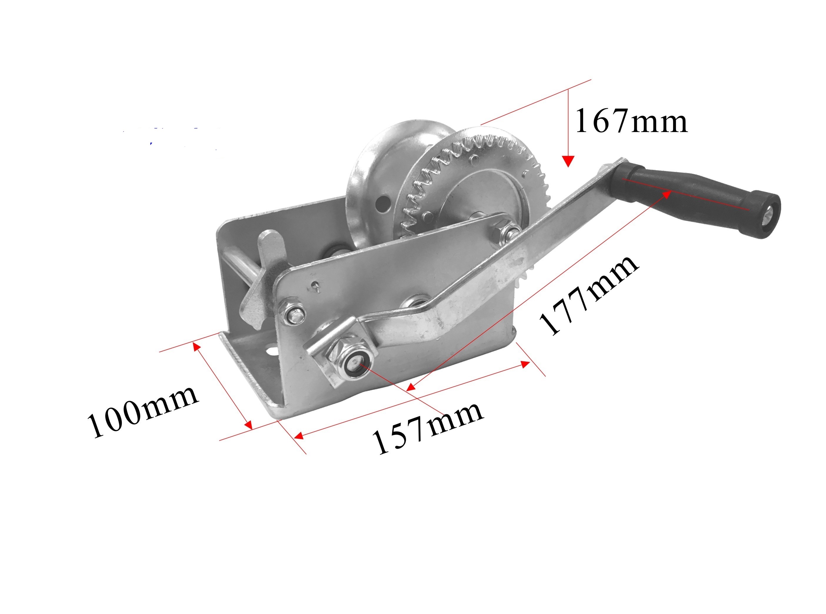 Tensor (torno) de cables o cinchas, sin motor, realizado en chapa de acero. Está constituido por una polea de tambor, manivela y un trinquete, fundamentalmente.
Se utiliza en vehículos no automóviles (remolques) para tensar el cable o cincha de carga.
Dispone de una manivela de 177 mm de brazo y un tambor de 167 mm.
Tiene una longitud de 157 mm y una anchura de 100 mm.