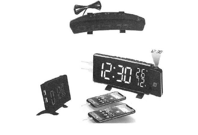 Radio despertador con forma curva, que incorpora un sintonizador de FM, pantalla de visualización, alarma, termómetro, temporizador de sueño, medidor de humedad, en un lateral dispone de un mini proyector que únicamente sirve para proyectar la hora, durante el modo de radio es posible cargar un teléfono celular a través del puerto USB que incorpora.
Funciona conectado a una fuente de alimentación externa de CC de 5 V que no incorpora y con una pila de salvaguarda de tipo CR2032 tampoco incluida.
Dimensiones (en cm): 18,5 x 7,5 x 2,5.
Peso: 270 g.