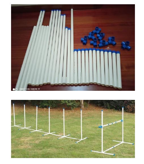 Set de entrenamiento que se presenta desmontado consistente en vallas para saltos a base de tubos de plástico de PVC.
Está formado por tres partes:
Parte 1: 4 tubos de 28 cm, 3 tubos de 61 cm, 4 tubos de 90 cm.
Parte 2: 2 tubos de 80 cm, 1 tubos de 92 cm, 4 tubos de 28 cm, 2 tubos de 55 cm.
Parte 3: 2 tubos de 99 cm, 4 tubos de 28 cm, 1 tubo de 68 cm.
Incluye codos de PVC de dos, tres y cuatro salidas en color azul; para poder unir los tubos de PVC entre sí. También tapones de PVC azul colocados en los tubos.
Los tubos formarán un set de agilidad para deporte canino compuesto por vallas de agilidad y slalom.
PVC.
El producto se acompaña de los tapones y codos de plástico.