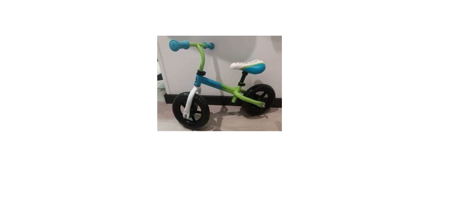 Bicicleta sin pedales y sin cadena.
Para niños (2+ máximo 20Kg)
Medidas: 69 x 37 x 58 cm.
Estructura: tubo de 1,0 mm material acero
Ruedas: 10" EVA
Peso de carga máximo: 20 Kg.