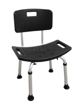 Silla con armazón metálico, asiento y respaldo de plástico. Se presenta desmontado. Fácil y rápido ajuste de altura, regulable en siete posiciones. Tiene una capacidad de 100 kg. Dispone conteras antideslizantes y de agujeros de drenaje.
Se utiliza para sentarse en el baño o en la ducha y facilitar el asiento a personas con dificultades de movimiento en la limpieza personal.
El asiento y respaldo es de plástico, el armazón de aluminio.