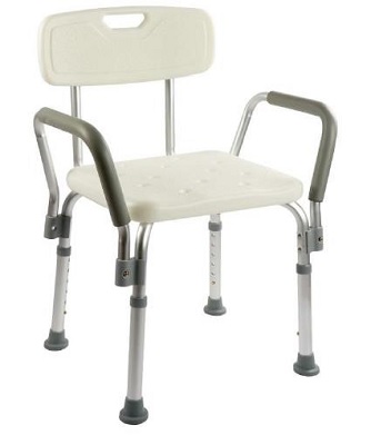 Silla con armazón metálico, asiento y respaldo de plástico. Se presenta desmontado. Fácil y rápido ajuste de altura, regulable en cinco posiciones. Tiene una capacidad de 100 kg y pesa 4,75 kg. Dispone asas y de agujeros de drenaje.
Se utiliza para sentarse en el baño o en la ducha y facilitar el asiento a personas con dificultades de movimiento en la limpieza personal.
El asiento y respaldo es de plástico, el armazón de aluminio.