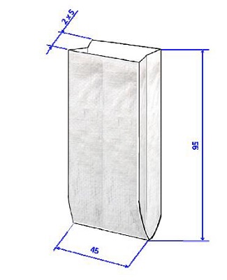 Saco de rafia cosido de dimensiones 45 + (2 x 5) x 95 cm y capacidad de 40 kg impreso con dibujo. Fabricado con tejido de trama y urdimbre, tafetán cuya superficie externa está recubierta con una película de polipropileno transparente e incolora. La base del saco presenta una costura. Peso del saco 58 g ± 5%.
Para el embalaje de alimentos y piensos.