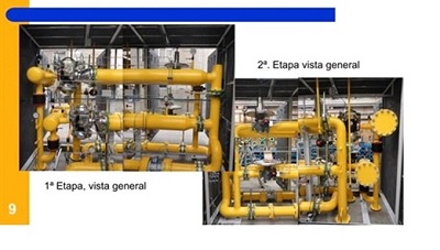 Estación receptora de gas natural, formado por un conjunto de elementos: (filtro, regulador de presión, tuberías, contador, válvulas de seguridad y seccionamiento, bridas, etc.) reunidos en un mismo basamento.
Funciones: 
1.	FILTRAJE: Su objeto es retener las partículas superiores a 5 micras que pueda contener el gas de suministro.
2.	REGULACIÓN: Tiene la misión de reducir y mantener a un valor constante, la presión del gas a la salida del mismo.
3.	CONTAJE: Permite la medición por parte de la compañía suministradora del volumen del gas consumido para su facturación
4.	SEGURIDAD: La válvula de interrupción (VIS) que corta el fluido en caso de exceso/falta de presión.
Configuración: 2 líneas de filtraje y regulación y 2 líneas de medida con by-pass.
Todos los elementos irán alojados en una caseta de obra civil de dimensiones interiores 2,8 m x 2,4 m x 2,2 m.
La mercancía se presenta desmontada, en varios contenedores.
