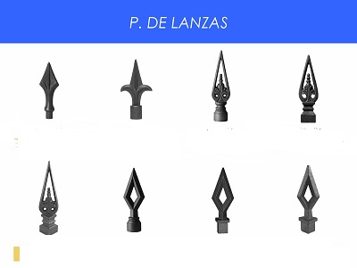 Elementos ornamentales moldeados, puntas de lanza de hierro o acero, obtenidas con fundición de grafito laminar, destinadas a incorporarse en cancelas, balcones, rejas, y otras construcciones metálicas, sin formar parte de la estructura.
Se identifican con su denominación y un código de cinco/seis dígitos que se inicia con las dos letras del artículo.