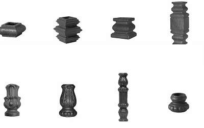 Elementos ornamentales moldeados, macollas de hierro o acero obtenidas con fundición de grafito laminar, destinadas a incorporarse en cancelas, balcones, rejas, y otras construcciones metálicas, sin formar parte de la estructura.
Se identifican con su denominación y un código de cinco/seis dígitos que se inicia con las dos letras del artículo.