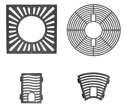 Rejilla de fundición gris dúctil (grafito esferoidal), obtenida por moldeo. Se presenta para su venta al por menor en distintas medidas y formas (circular con diámetro exterior de 1080 mm, cuadrada con un lado de 1000 mm, rectangular de 310 x 465 mm, o irregular de 485 x 430 mm). Está diseñada para su colocación en la base de las fuentes de agua.