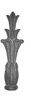 Adorno (remate) de fundición no maleable (fundición gris), obtenida por moldeo. Tiene forma de flor alargada con una altura de 450 mm. Está diseñada para su colocación en las farolas de iluminación a modo de remate.