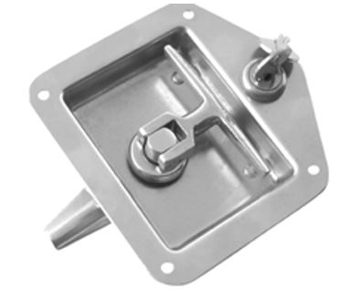 Dispositivo de cierre con cerradura incorporada, en chapa acero inoxidable.
Se utiliza como seguro en la caja de herramientas instalada en los vehículos no automóviles (remolques).
Tiene una longitud de 124 mm y una anchura de 121 mm.