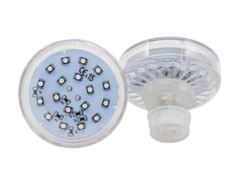 Artículos para iluminación provistos de 9, 14, 16 o 24 LED RGB que se presentan en una carcasa de plástico de forma cilíndrica provista de una base tubular roscada. Funciona con unas tensiones de alimentación de 12 o 24 V DC y sus potencias varían entre los 2 y los 4,8 W.  Se presentan con unas medidas aproximadas que van de los 45,5 a 62 mm de diámetro superior y de los 41 a 44,5 mm de altura. Necesita un controlador y una fuente de alimentación para funcionar e incorpora electrónica para convertir el voltaje a un nivel utilizable por los LED.
Según declaración del solicitante se utilizará para la iluminación decorativa en aparatos, fachadas y atracciones de feria.