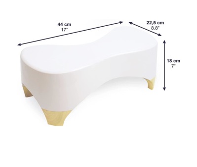 Artículo (denominado reposapiés antiestreñimiento), constituido por una superficie plástica sostenida por cuatro patas también de plástico. Se utiliza colocando los pies sobre la superficie logrando así que las piernas queden en el ángulo recomendado (35° en relación al torso) que facilita la evacuación intestinal. Con superficie antideslizante.
Se utiliza para mejorar el tránsito y permitir una evacuación indolora. Evita la aparición de hemorroides y flatulencias, y combate el estreñimiento y la hinchazón.
La base (PP) y las patas (ABS) son de plástico.
Medidas (anchura, profundidad, altura):  44 x 22,5 x 18 cm, y su peso es de 1 kg. Se presenta desmontado.