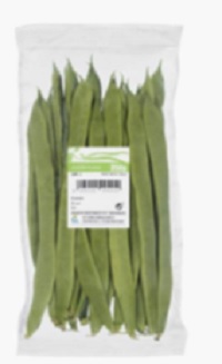 Judías verdes planas frescas. Se presentan envasadas dentro de una bolsa de plástico, con un contenido de 350 gramos.
Concebido para uso alimentario.