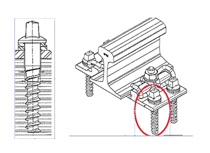 Tirafondo de acero al carbono de grado 5.6 (contenido de C inferior o igual al 0,55 %) de cabeza rectangular provista de un capuchón (contera) fijo.
Se utiliza para la fijación de railes a traviesas de madera (según plano: WOODEN SLEEPER RAIL 60E1 & 60E2).
Longitud: 142 mm.