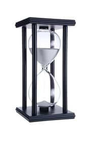 Objeto de ornamentación en forma de reloj de arena fabricado en madera, vidrio y arena. Mide el tiempo durante 30 minutos.
Figura ornamental para medir el tiempo, elemento decorativo.
