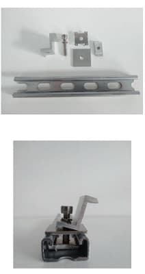 Kit compuesto por los siguientes componentes:
	1 Tornillo Allen de acero (DIN 912 M8 A2)
	1 Unión terminal/intermedia de aluminio aleado (AL-6005 T5/SUS304)
	1 Toma tierra cuadrada de acero inoxidable 304
	1 Tuerca carril de acero galvanizado
	1 Arandela Grower DIN 127 M8 A2
	1 pletina acero inoxidable 40 x 40 x 3 mm
	1 Perfil solar acero galvanizado 250 mm
Se utilizan para la fijación (terminal e intermedia) con perfil de un panel solar a un soporte/bloque hormigón de base plana.
El producto denominado “perfil solar” es un perfil de acero en U de 2 mm de grosor obtenido por perfilado a partir de un material plano al que se le da la forma y dimensiones requeridas (41 x 21 x 250 mm) para posteriormente pasar a la fase de troquelado.