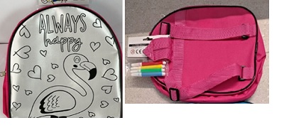 Surtido acondicionado a la venta al por menor compuesto por una mochila con superficie exterior de materia textil y por cuatro rotuladores. La mochila dispone de una cara con un dibujo para colorear y de otra cara de un solo color. Se cierra mediante cremallera. Los rotuladores son de color verde, azul, amarillo y rojo.
Medidas: 21 x 26 cm
Se utiliza para transportar en su interior distintos artículos.
La parte frontal es tejido de satén de poliéster y la parte trasera es tejido de poliéster.