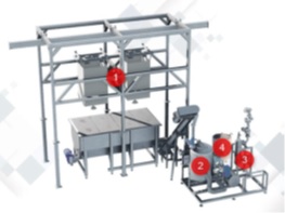 Equipo para la disolución de azúcar en agua compuesto por:
Un módulo para recepción de azúcar consistente básicamente en una tolva de 5 toneladas con una plataforma para facilitar el acceso a la parte superior de la misma y una estructura de elevación. 
Un módulo para el transporte de azúcar hasta la unidad de disolución compuesto por dos tornillos sin fin.
Un módulo para disolver el azúcar consistente en un sistema compacto que prepara de forma continua una solución de azúcar (jarabe simple), con una concentración y temperaturas constantes. La disolución se realiza por el sistema de recirculación a alto caudal de la masa no disuelta (agua/azúcar) a través de un filtro. 
Un módulo para precalentar el agua a la temperatura óptima para la disolución del jarabe, que consiste esencialmente en un intercambiador de calor tubular, y en los elementos necesarios en las líneas de vapor y condensado. 
Un buffer para el suministro de agua que consiste en un depósito de 120 litros de capacidad.
Se presenta desmontada (con el material de ensamblaje electromecánico e interconexiones necesarias para conectar entre si sus diferentes elementos y el conjunto con otras máquinas), en diferentes contenedores por necesidades del transporte.
Se destina a la elaboración continua de una solución de azúcar en agua (jarabe) que posteriormente se utilizará en la fabricación industrial de bebidas.