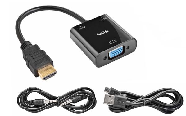 Surtido presentado en un envase acondicionado para su venta al por menor compuesto por un adaptador en forma de cable con sus piezas de conexión (conector de entrada macho HDMI a conector de salida hembra VGA de 15 pines), y un procesador de conversión integrado, cable de audio con conectores Jack 3,5 mm, cable de alimentación de tipo USB y guía de instalación. Tensión de alimentación del adaptador HDMI/VGA 5 V en CC.
El adaptador convierte una señal HDMI digital en una señal analógica VGA. Permite utilizar aparatos con salida digital HDMI en televisores, proyectores, monitores, por ejemplo, con entrada VGA.
Longitud del cable del adaptador: 15 cm
Longitud del cable de audio: 1 m