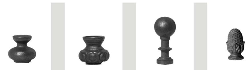 Elementos ornamentales moldeados, remates de hierro o acero, obtenidos con fundición de grafito laminar, destinados a incorporarse en cancelas, balcones, rejas, y otras construcciones metálicas, sin formar parte de la estructura.
Se identifican con su denominación y un código de cinco/seis dígitos que se inicia con las dos letras del artículo.