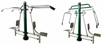 Artículos para gimnasia elaborados, en su mayor parte, con tubos metálicos pintados. No incorporan ningún sistema de esfuerzo regulable. Se instalan de marea fija en el exterior (parques, etc.).
Se utilizan para el desarrollo de la musculatura de los miembros superiores: pecho, hombros y espalda. Así mismo, mejoran la flexibilidad y agilidad de las articulaciones del hombro y de los codos.
Incorporan asientos y barras móviles.
Medidas: 2050 x 750 x 1850 y 1930 x 660 x 2050 mm.