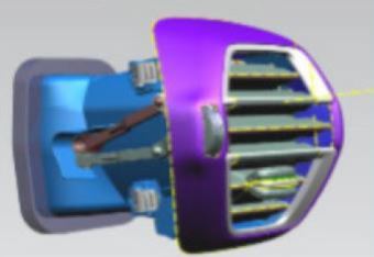 Rejilla de ventilación de salida de aire central, de lamas móviles, para tablero delantero de un vehículo automóvil de turismo, de plástico.
Forma parte del panel de instrumentos del vehículo y es necesario para la circulación de aire en el coche.
Dispone de un mecanismo con rueda de apertura y cierre de las lamas. Es de color gris con partes cromadas o puede ir con partes plateadas.
Está destinada a la industria del montaje.
