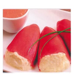 Pimientos del piquillo rellenos de bacalao (menos de un 20%) ultra congelados. Se presentan envasados a granel en bolsa alimentaria y caja de cartón de 5k.
Concebido para uso alimentario.