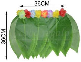 Falda corta no textil consistente en unas hojas de plástico superpuestas entre si enlazadas formando un circulo, engarzadas con un hilo y flores en la cintura.
Se utiliza como disfraz que imita a la vestimenta hawaiana.