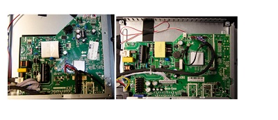 Conjunto electrónico montado diseñado para ser incorporado a un aparato receptor de televisión con las siguientes características:
Se presenta en forma de un circuito impreso que incorpora fuente de alimentación, procesador de video, sintonizador de televisión y varios componentes electrónicos activos y pasivos. Además, dispone de conexiones HDMI, USB, VGA, audio/video; un puerto de interface común; conexiones para altavoces, control remoto por infrarrojos, conexión de antena DVB-T2 /DVB-C (TDT), entradas y salidas de audio para PC y auriculares. 
Pudiendo disponer de conexión de antena DVB-S, conexión Ethernet y conector para radiotransmisor WIFI.
Se presenta embalado en cajas con 22 o 48 unidades.
Según declaración del solicitante se incorporará a un aparato receptor de televisión.