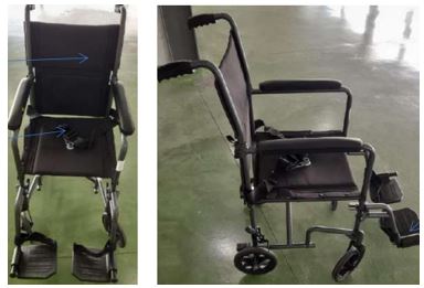 Silla de ruedas con estructura de acero y con asiento y respaldo de tejido. Dispone de reposabrazos, empuñaduras y acabados en plástico PVC. Medidas: 59*95,5*101cm.
Tiene una capacidad de 100Kg., respaldo plegable.
Con reposapiés y cinturón de seguridad.
Se utiliza para mover a personas con movilidad reducida.
Acero y tejido.