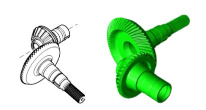 Conjunto formado por dos engranajes cónicos helicoidales. Los componentes se presentan como conjunto ya que van emparejados; es decir solo se pueden montar con su pareja.
Están fabricados en acero al cromo-níquel (AISI 8620) forjado.
Según los datos proporcionados por el solicitante, la caja donde van ensamblados se llama "Caja principal" de una cosechadora y su misión es convertir la energía del motor de combustión que la mueve en energía mecánica e hidráulica. La función de este conjunto es mover el sistema de separación de grano.