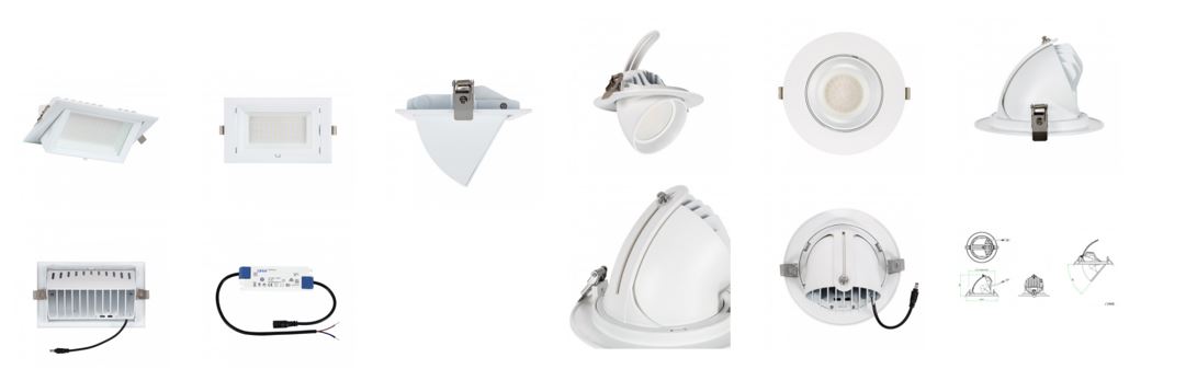 Focos Downlight direccionables, rectangulares y circulares, fabricados en aluminio que incorporan la fuente de luz LED de forma permanente y el equipo eléctrico (driver LIFUD), así como dos clips de resorte en el lateral para su montaje en techos.
Están pensados como elementos de iluminación principal en lugares con muchas horas de actividad diaria como tiendas, centros comerciales, museos, hoteles, supermercados, restaurantes, etc.
El material que define el carácter es el metal (aluminio) en cuanto a volumen e importancia para el uso.
No hay indicios de fabricación manual.