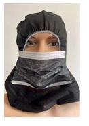 Gorro tipo verdugo, confeccionado con tela sin tejer (Polipropileno (PP) 20 grs) de varios colores. Envuelve la totalidad de la cabeza y cuello dejando al descubierto los ojos, lleva incorporado una mascarilla de tres capas, con elástico para adaptar a la cabeza. Un solo uso.
Se utiliza para protección de uso general contra riesgos menores.
Está hecho con fibras sintéticas (Polipropileno (PP) - 20 gr).
Se presenta para su venta al público en cajas de 500 unidades, cada caja contiene 10 bolsas de 50 unidades.