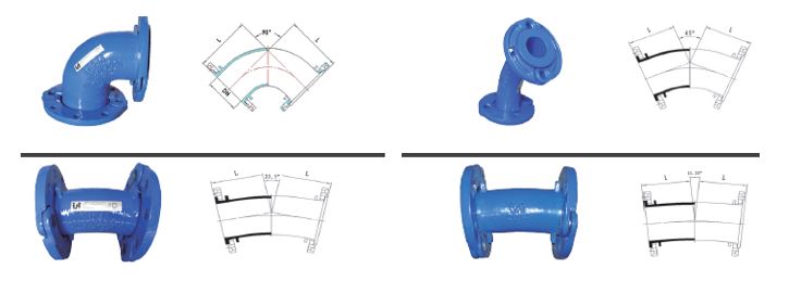 Accesorio de conexión para tuberías sin roscar de brida. Se trata de un artículo curvo doblado con diferentes ángulos (codo).  Está fabricado por moldeo con fundición dúctil EN-GJS-500-7 (fundición de grafito esferoidal) con recubrimiento epoxi y junta EPDM.  Dispone de conexión tipo brida en ambos lados.

Se presenta con diferentes dimensiones.