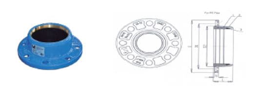 Accesorio, sin roscar, de conexión para tuberías de PE y PVC.  Está fabricado por moldeo con fundición dúctil EN-GJS-500-7 (fundición de grafito esferoidal) con recubrimiento epoxi. Presenta un extremo bridado y en el otro un orificio para la introducción del tubo con cierre/bloqueo mecánico y estanco.
Se presenta con diferentes dimensiones.
Se utiliza para la conexión de tuberías.