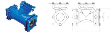 Accesorio de conexión sin roscar, tipo TE, para tuberías de PVC. Está fabricado por moldeo con fundición de hierro EN-GJS-500-7 (fundición de grafito esferoidal) con recubrimiento epoxi y junta en EPDM. Dispone de conexiones tipo enchufe en los extremos.

Se presenta con diferentes dimensiones.
Conexión de tuberías de PVC.