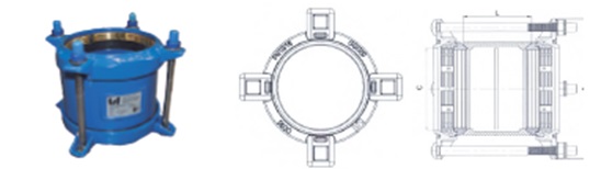 Accesorio de conexión sin roscar para unir tuberías de PVC y PE sometidas a presiones elevadas. Está fabricado por moldeo con fundición de hierro EN-GJS-500-7 (fundición de grafito esferoidal) con recubrimiento epoxi, tornillería de acero inoxidable, junta en EPDM y anillo de sujeción de latón. 
Se presenta con diferentes dimensiones.
Conexión de tuberías de PVC y PE sometidas a presiones elevadas.