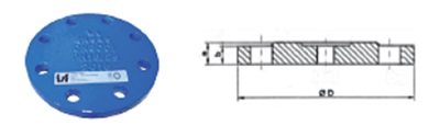 Brida ciega sin roscar de fundición de hierro dúctil GGG50 (fundición de grafito esferoidal) obtenida por moldeo.
Se presenta con diferentes dimensiones.
Se utiliza para cerrar bloquear extremos de una tubería, válvulas, etc.