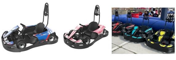 Karts eléctricos con batería recargable, nuevos, diseñados para su uso en pista (por ejemplo, en circuitos montados en centros comerciales), con estructura de acero aleado, sistema de freno hidráulico en sus ruedas traseras, cinturón de seguridad, un único asiento, etc. Dependiendo del modelo, en función de la ficha técnica aportada, sus características principales son:
Dimensiones: 1.280 x 880 x 400 mm, 1.380 x 900 x 400 mm y 1.570 x 1.100 x 550 mm. 
Peso aproximado: 38 kg, 40 kg y 97 kg.
Potencia máxima: 1.800 w, 2.000 w y 3.600 w.
Batalla: 700 mm, 770 mm y 890 mm.
Velocidad máxima: 28 km/h, 32 km/h y 50 km/h.
Se presentarán en contenedores.