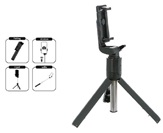 Palo extensible para selfi, con trípode integrado de color negro o lila, para teléfono móvil o cámara.
El palo es extensible y permite ajustar la altura hasta los 74 cm.
El soporte para teléfono móvil o cámara es ajustable, y dispone de un ángulo de inclinación hasta 360º, permitiendo orientación horizontal y vertical. 
La base se despliega convirtiéndose en un trípode.
Consta también de un mando a distancia integrado en el cuerpo del palo que puede retirarse para hacer las fotos de forma remota a través de la conexión Bluetooth. El mando funciona con pila CR1620, voltaje 3V.
Trípode para dispositivos fotográficos.
50% ABS y 50% acero inoxidable.